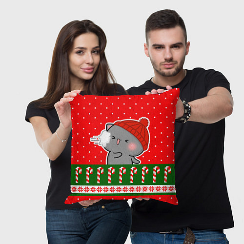 Подушка квадратная Серый котик - играет в снежки / 3D-принт – фото 3