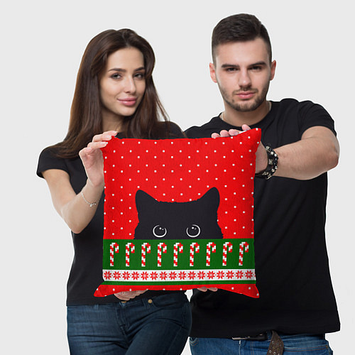 Подушка квадратная Котик: новогодний свитер / 3D-принт – фото 3