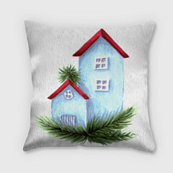 Подушка квадратная Новогодние домики на еловых ветках, цвет: 3D-принт
