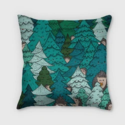 Подушка квадратная Ежи в еловом лесу, цвет: 3D-принт