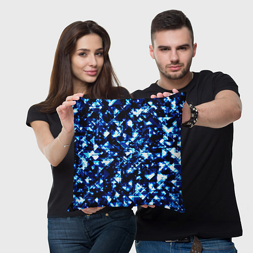 Подушка квадратная Неоновые синие треугольники блестящие / 3D-принт – фото 3