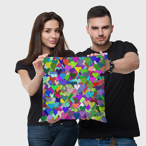 Подушка квадратная Орнамент из разноцветных сердечек - валентинка / 3D-принт – фото 3