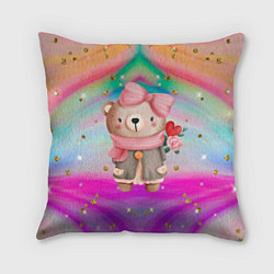 Подушка квадратная Мишка с сердечком и цветком, цвет: 3D-принт