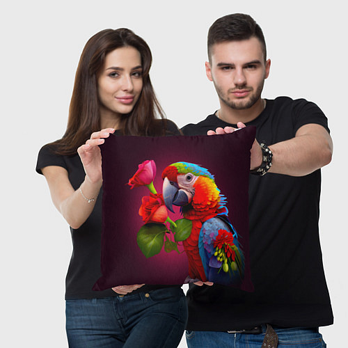 Подушка квадратная Попугай ара с цветами / 3D-принт – фото 3