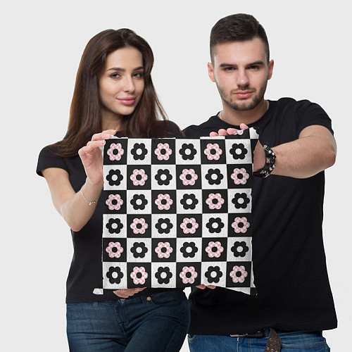 Подушка квадратная Black flower checkers / 3D-принт – фото 3