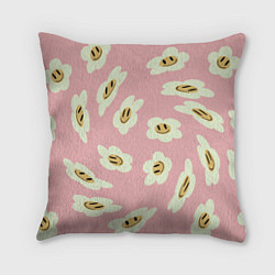 Подушка квадратная Искаженные смайлы-цветы на розовом паттер, цвет: 3D-принт