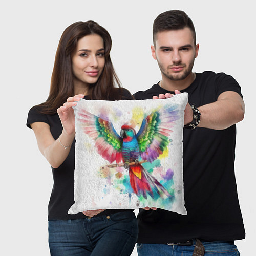 Подушка квадратная Разноцветный акварельный попугай с расправленными / 3D-принт – фото 3