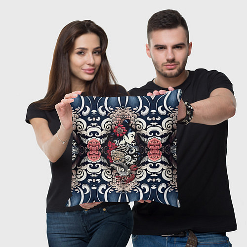 Подушка квадратная Irezumi style: девушка и синие узоры / 3D-принт – фото 3