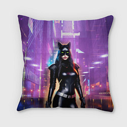 Подушка квадратная Девушка-кошка - киберпанк, цвет: 3D-принт