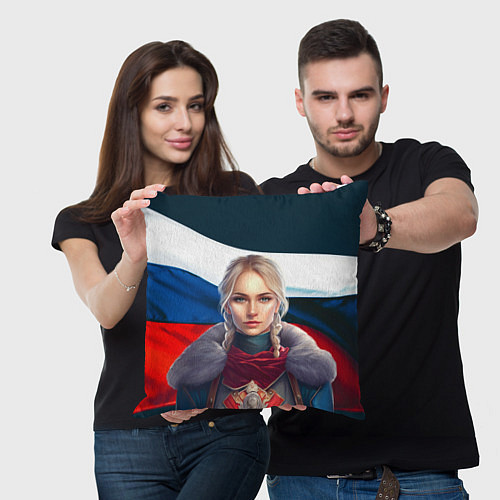 Подушка квадратная Славянская девушка - флаг России / 3D-принт – фото 3
