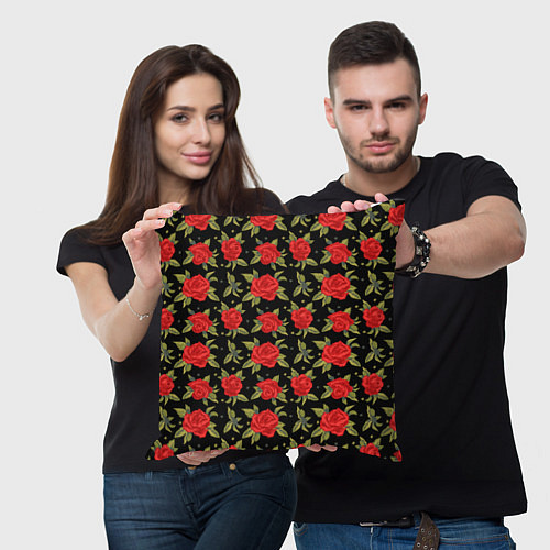 Подушка квадратная Красные розы паттерн / 3D-принт – фото 3