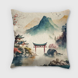 Подушка квадратная Японский пейзаж - акварель, цвет: 3D-принт
