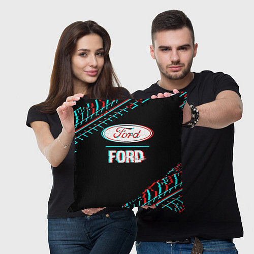 Подушка квадратная Значок Ford в стиле glitch на темном фоне / 3D-принт – фото 3
