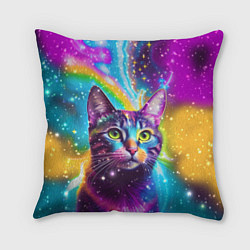 Подушка квадратная Полосатый кот с разноцветной звездной туманностью, цвет: 3D-принт
