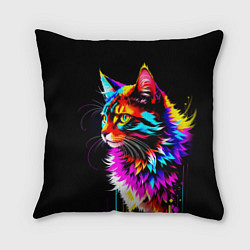 Подушка квадратная Неоновый пушистик - кот, цвет: 3D-принт