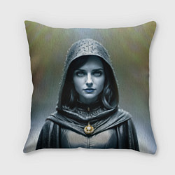 Подушка квадратная Девушка с синими губами в чёрном плаще, цвет: 3D-принт