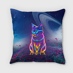 Подушка квадратная Космический неоновый котик - нейросеть, цвет: 3D-принт