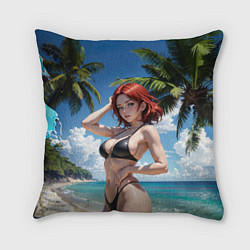 Подушка квадратная Девушка с рыжими волосами на пляже, цвет: 3D-принт
