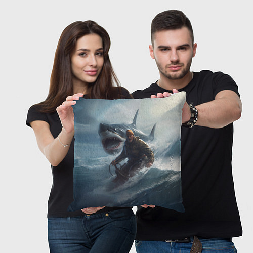 Подушка квадратная Мужчина уплывает от акулы на обломках лодки / 3D-принт – фото 3