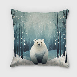 Подушка квадратная Мишка в зимнем лесу в стиле фолк-арт, цвет: 3D-принт