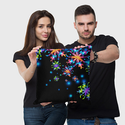 Подушка квадратная Неоновые снежинки - Новый год / 3D-принт – фото 3