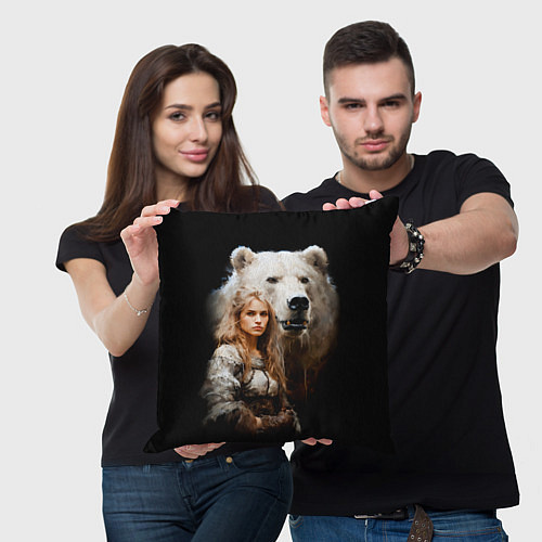 Подушка квадратная Славянка с большим белым медведем / 3D-принт – фото 3