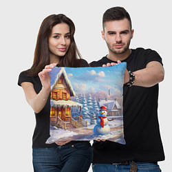 Подушка квадратная Новогодняя деревня и снеговик, цвет: 3D-принт — фото 2