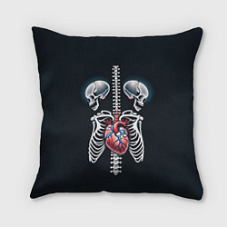 Подушка квадратная Два сросшихся скелета и сердце, цвет: 3D-принт