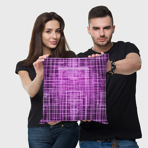 Подушка квадратная Фиолетовые неоновые полосы киберпанк / 3D-принт – фото 3