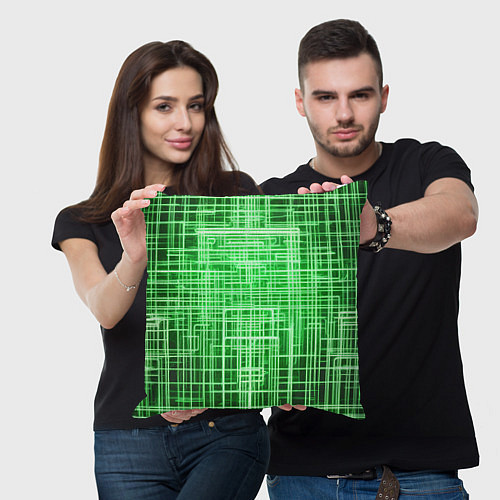 Подушка квадратная Зелёные неоновые полосы киберпанк / 3D-принт – фото 3