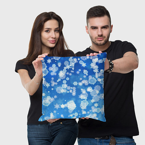 Подушка квадратная Декоративные снежинки на синем / 3D-принт – фото 3
