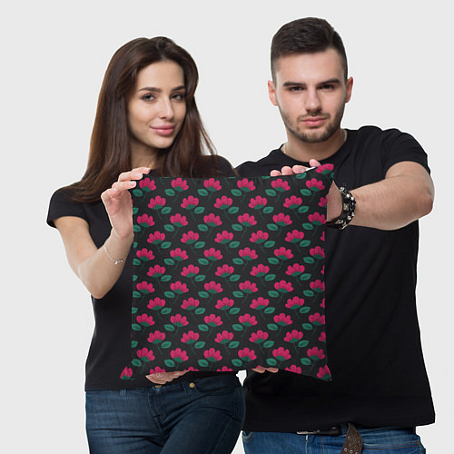 Подушка квадратная Темный паттерн с розовыми цветами / 3D-принт – фото 3