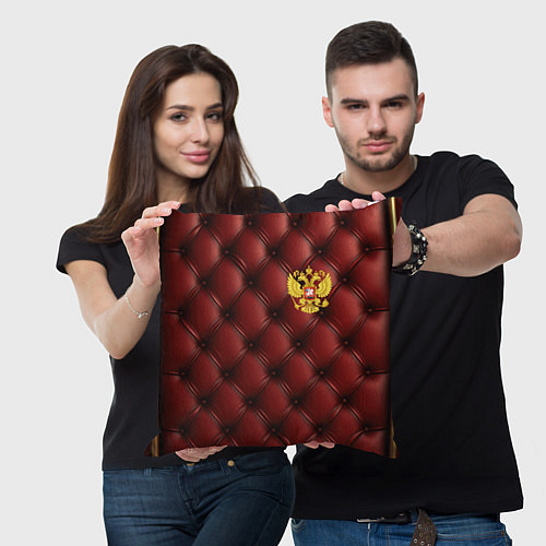 Подушка квадратная Золотой герб России на красном кожаном фоне / 3D-принт – фото 3