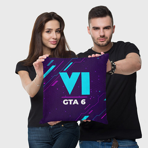 Подушка квадратная Символ GTA 6 в неоновых цветах на темном фоне / 3D-принт – фото 3