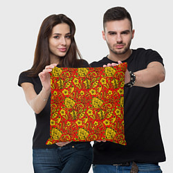 Подушка квадратная Хохломская роспись золотистые цветы на красном фон, цвет: 3D-принт — фото 2