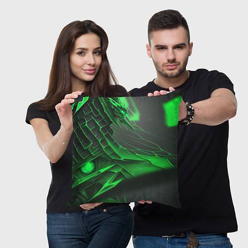 Подушка квадратная Зелёная сеть на чёрном фоне / 3D-принт – фото 3