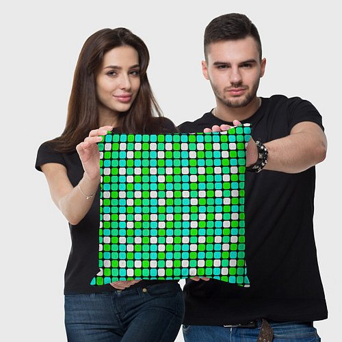 Подушка квадратная Зелёные и белые квадраты / 3D-принт – фото 3