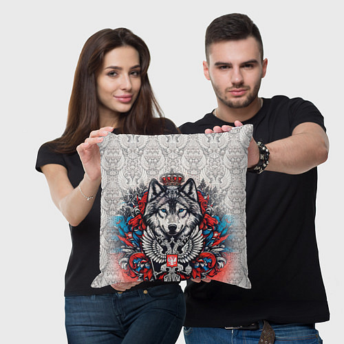 Подушка квадратная Белый волк и белый герб России / 3D-принт – фото 3