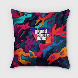 Подушка квадратная Gta лого камуфляж кислотные кляксы, цвет: 3D-принт