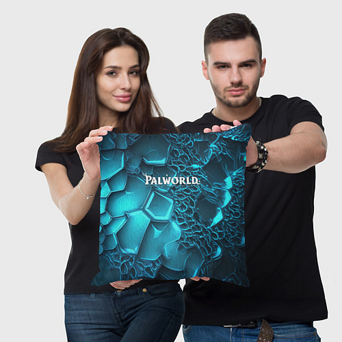 Подушка квадратная Palworld логотип на ярких синих неоновых плитах / 3D-принт – фото 3