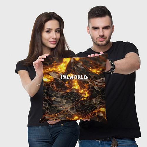 Подушка квадратная Palworld логотип золотые абстрактные частицы на че / 3D-принт – фото 3