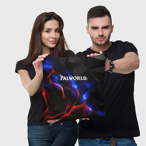Подушка квадратная Palworld логотип на черном и фиолетовом абстракте / 3D-принт – фото 3