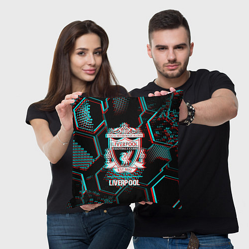 Подушка квадратная Liverpool FC в стиле glitch на темном фоне / 3D-принт – фото 3
