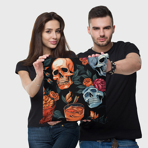 Подушка квадратная Кусты черепов с розами и пионами / 3D-принт – фото 3
