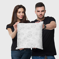 Подушка квадратная Паттерн серый контур губ на белом - lips, цвет: 3D-принт — фото 2