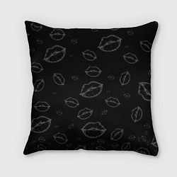 Подушка квадратная Паттерн серый контур губ на чёрном - lips black, цвет: 3D-принт