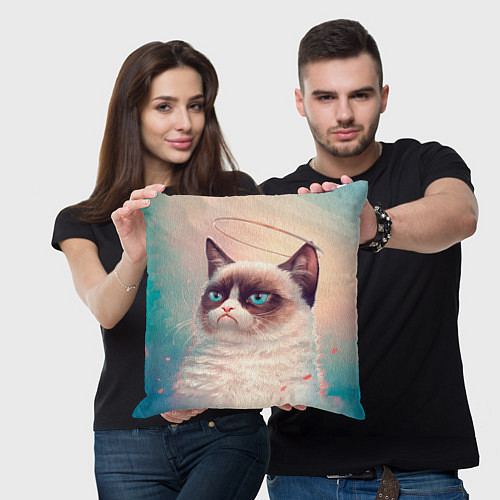 Подушка квадратная Мемный кот Grumpy Cat с нимбом / 3D-принт – фото 3