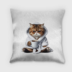 Подушка квадратная Котик в халате и кофе, цвет: 3D-принт