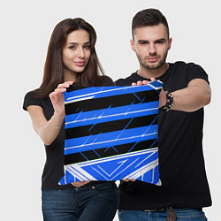 Подушка квадратная Чёрно-белые полосы на синем фоне, цвет: 3D-принт — фото 2