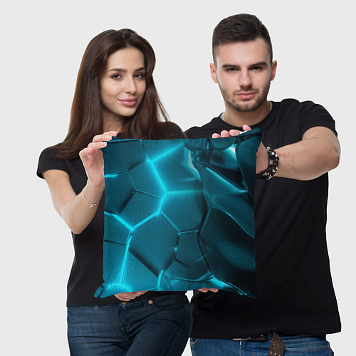 Подушка квадратная Неоновые холодные голубые плиты в разломе / 3D-принт – фото 3